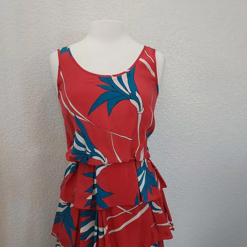 Sariah 100% Silk Red Palm Print Sleeveless Layered Dress Size 4